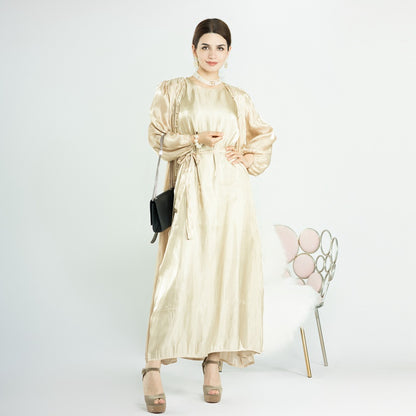 Eid 2 Pieces Set Beads Open Abaya Dress, With Outer Abaya And Inner Sleeveless Dress