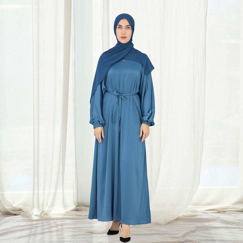 Satin Solid Color Abaya Dress With Belt For Muslim Women