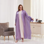 Muslim Women Bubble Sleeve Satin Long Abaya Cardigan Open Dress