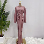 Muslim Women Satin Abaya Dress With Midi Wrap