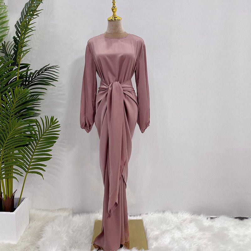 Muslim Women Satin Abaya Dress With Midi Wrap