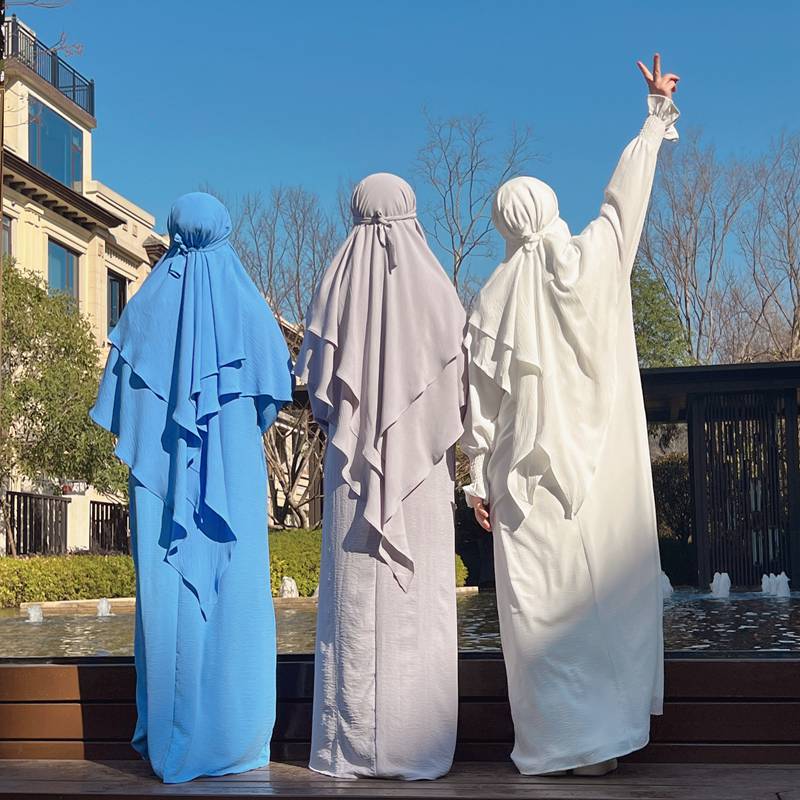 Muslim Women Cotton Blended Two Layers Long Khimar Overhead