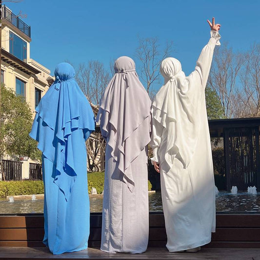 Muslim Women Cotton Blended Two Layers Long Khimar Overhead