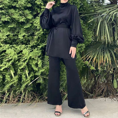 Muslim Women Abaya Pants Set Satin Office Wear Work Clothing 2 Pieces Suit Set With Tops And Pants