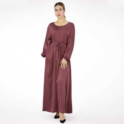 Satin Solid Color Abaya Dress With Belt For Muslim Women
