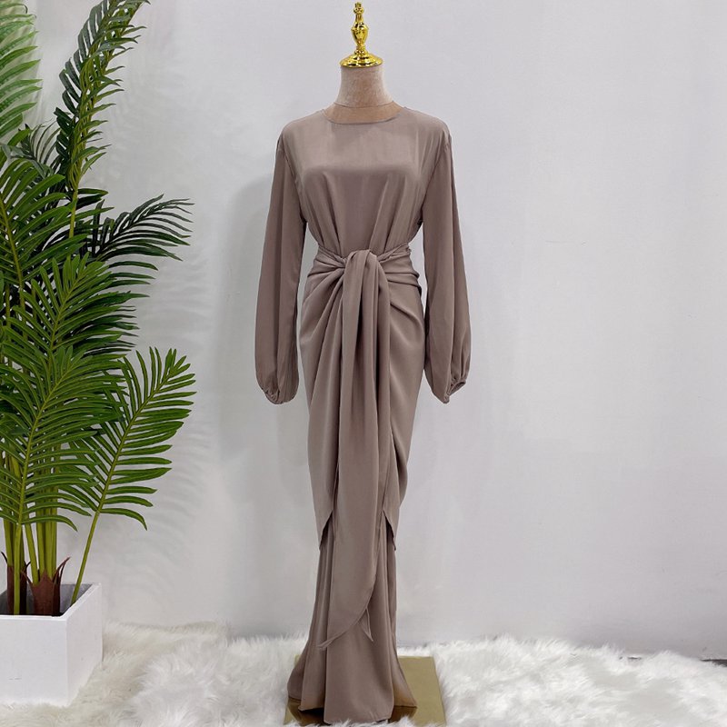 Muslim Women Satin Abaya Dress With Midi Wrap