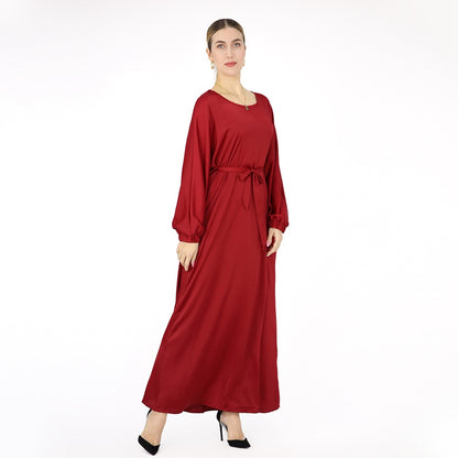 Satin Solid Color Abaya Dress With Belt For Muslim Women