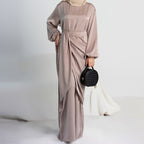 Muslim Women Satin Abaya Dress With Midi Wrap