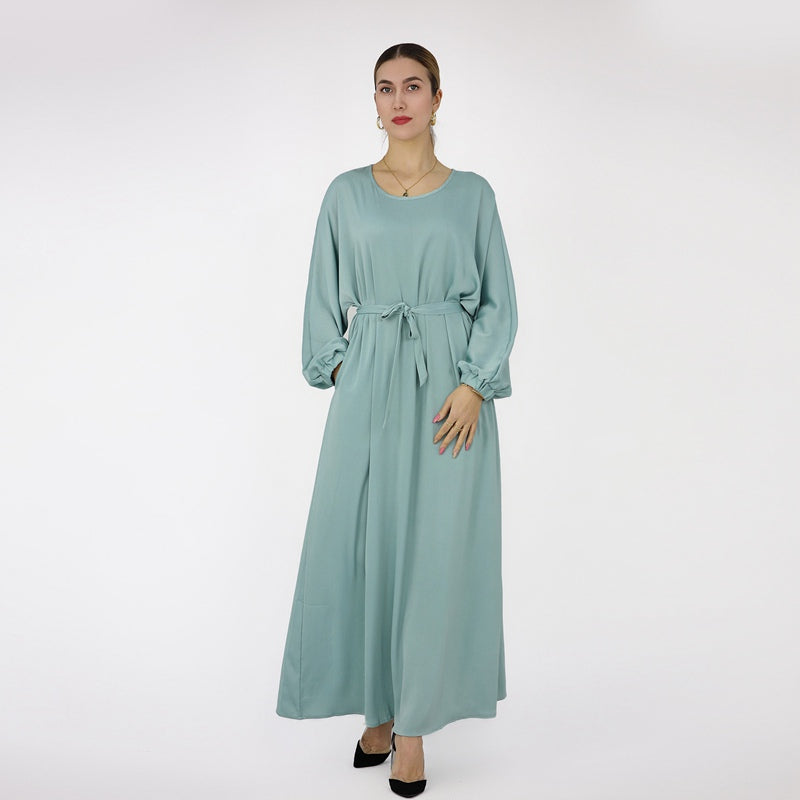 Satin Solid Color Abaya Dress With Belt For Muslim Women