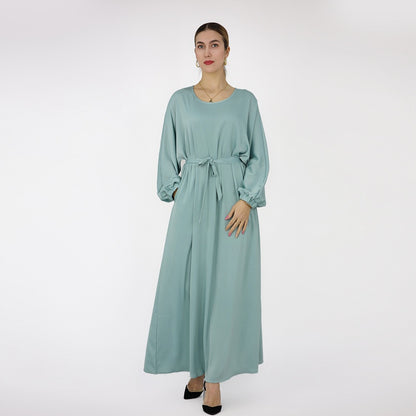 Satin Solid Color Abaya Dress With Belt For Muslim Women