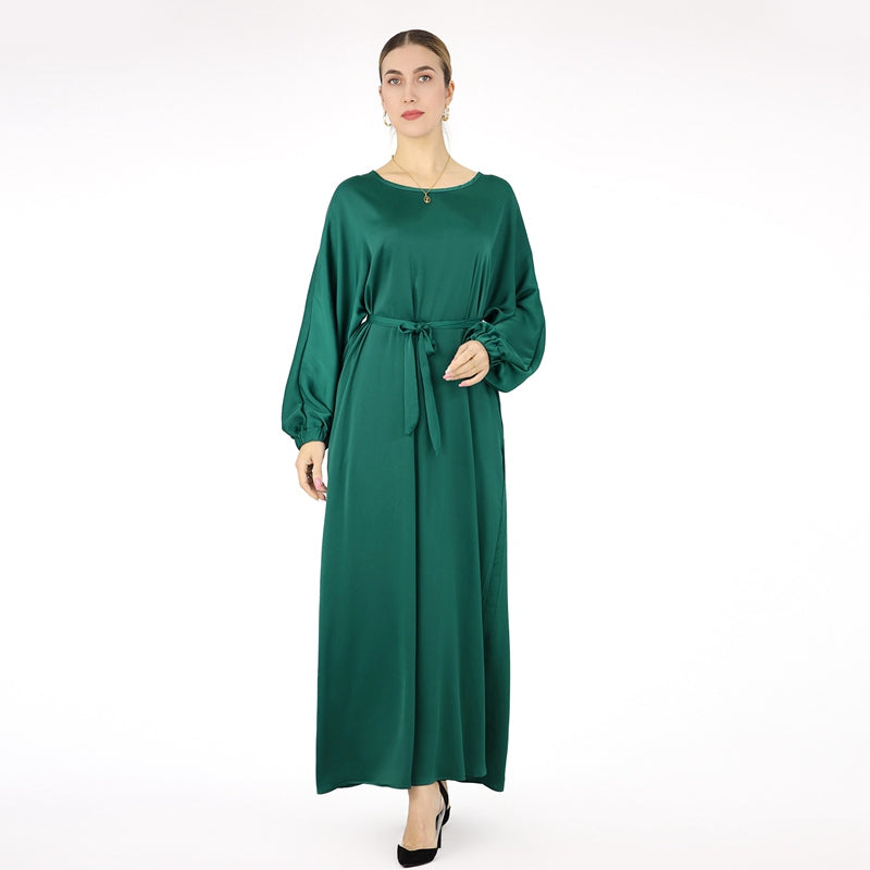 Satin Solid Color Abaya Dress With Belt For Muslim Women