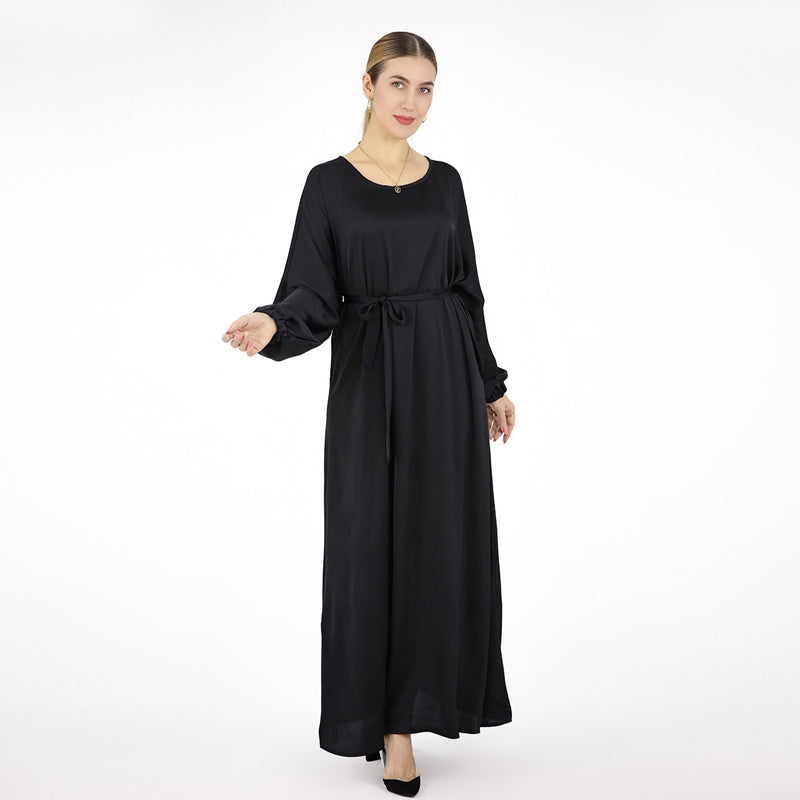 Satin Solid Color Abaya Dress With Belt For Muslim Women