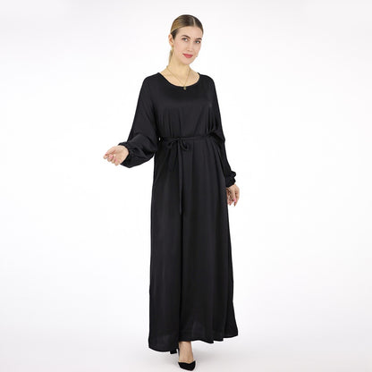 Satin Solid Color Abaya Dress With Belt For Muslim Women