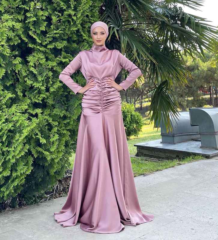 Muslim Women High Neck Elastic Waist Satin Abaya Dress