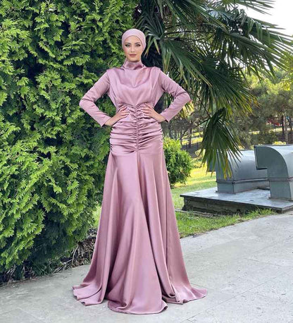 Muslim Women High Neck Elastic Waist Satin Abaya Dress