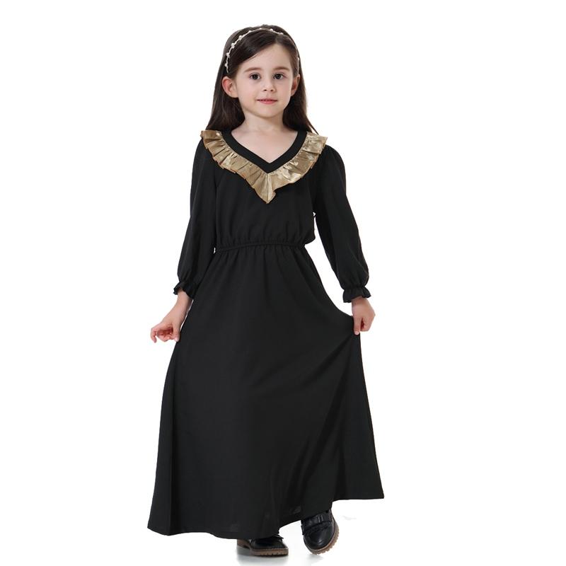 V-Neck Long Sleeve Abaya Dress For Girls Middle East Arab Kids