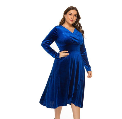 Elegant Golden velvet V-Neck Plus Size Women Dress