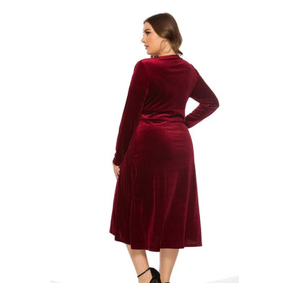 Elegant Golden velvet V-Neck Plus Size Women Dress