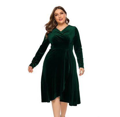 Elegant Golden velvet V-Neck Plus Size Women Dress