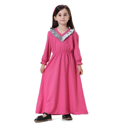 V-Neck Long Sleeve Abaya Dress For Girls Middle East Arab Kids
